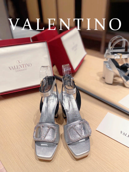 Valentino Garavani Strap Heeled Sandals With V Logo Crystal Embellishment Silver For Women