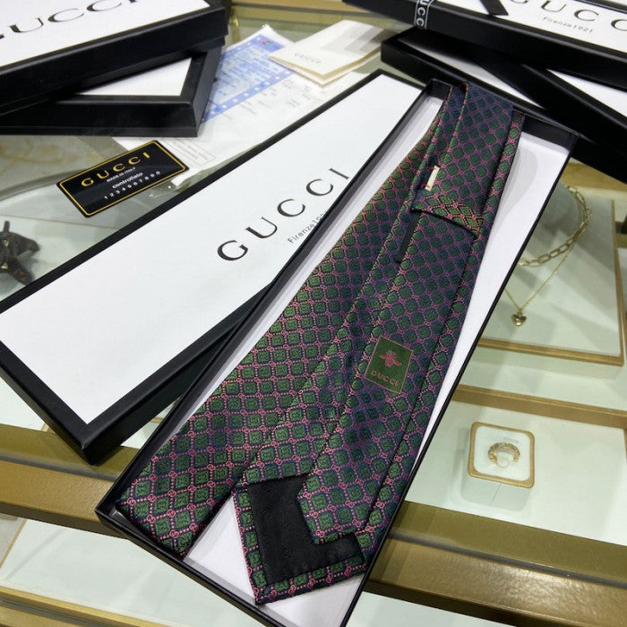 Gucci GG and rhombus motif silk tie green