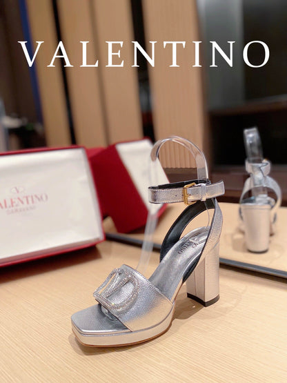 Valentino Garavani Strap Heeled Sandals With V Logo Crystal Embellishment Silver For Women