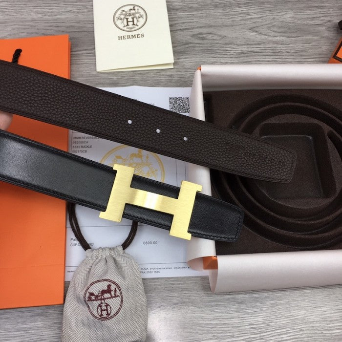 Hermes Men's Reversible Togo Leather 38MM Belt Chocolate / Gold