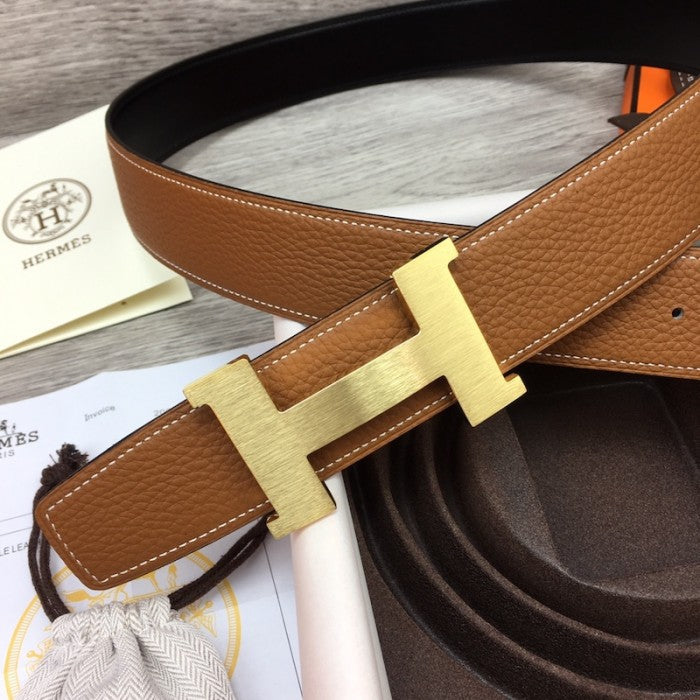 Hermes Men's Reversible Togo Leather 38MM Belt Tan / Gold