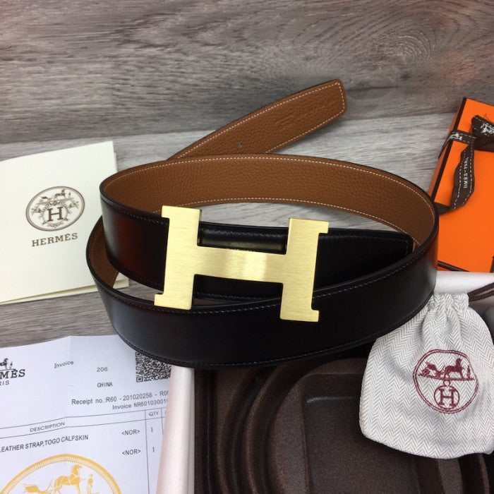 Hermes Men's Reversible Togo Leather 38MM Belt Tan / Gold