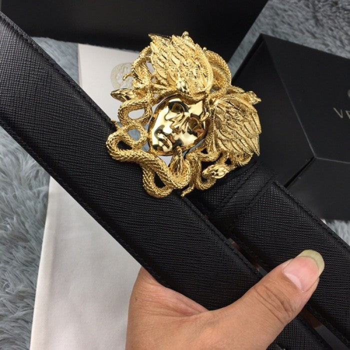 Versace Medusa Snake Wings Palm Leather Belt Black/Gold