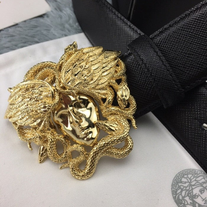 Versace Medusa Snake Wings Palm Leather Belt Black/Gold