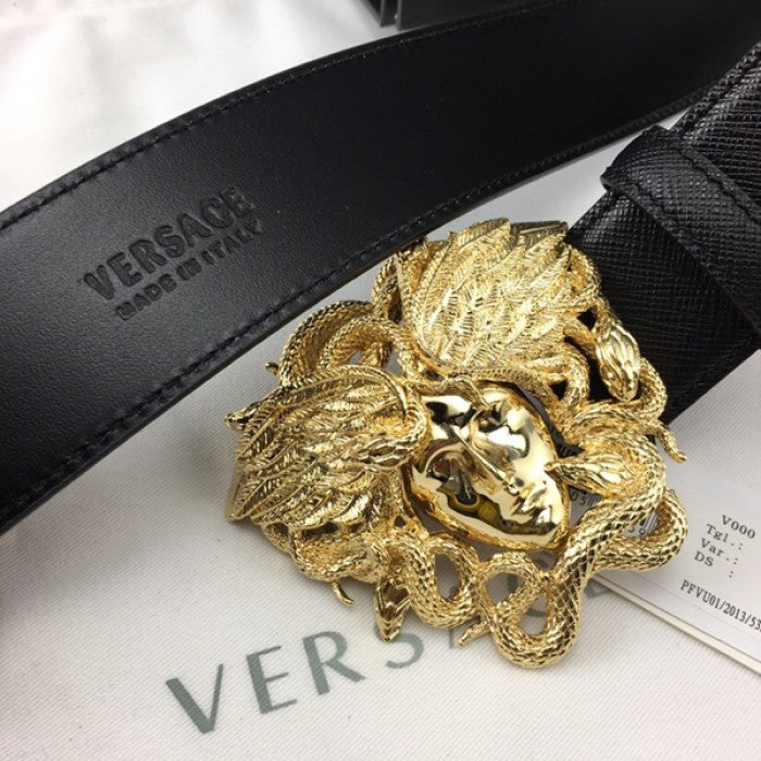 Versace Medusa Snake Wings Palm Leather Belt Black/Gold