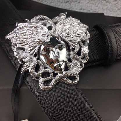 Versace Medusa Snake Wings Palm Leather Belt Black/Silver