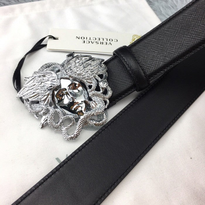 Versace Medusa Snake Wings Palm Leather Belt Black/Silver