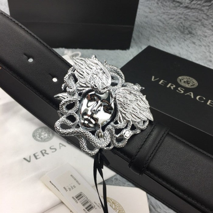 Versace Medusa Snake Wings Leather Belt Black/Silver