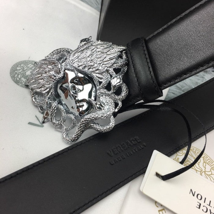 Versace Medusa Snake Wings Leather Belt Black/Silver