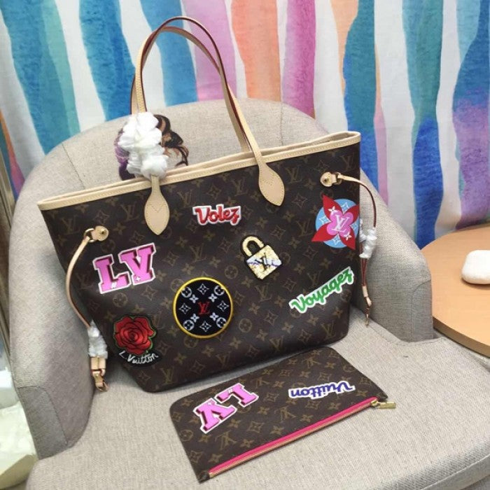 LV Monogram Canvas Neverfull MM Applied and Printed Patches