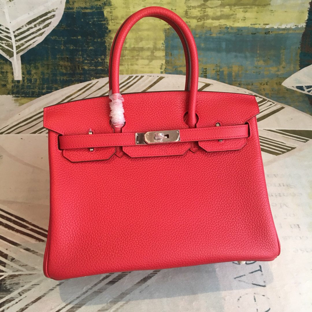 HM Birkin Red For Women Silver Toned Hardware 11in/30cm