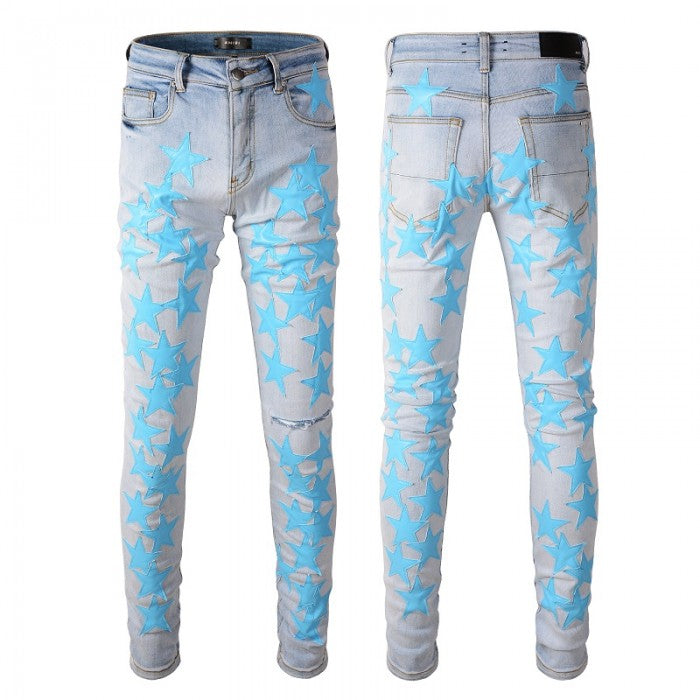 Amiri x Chemist leather stars jeans light blue