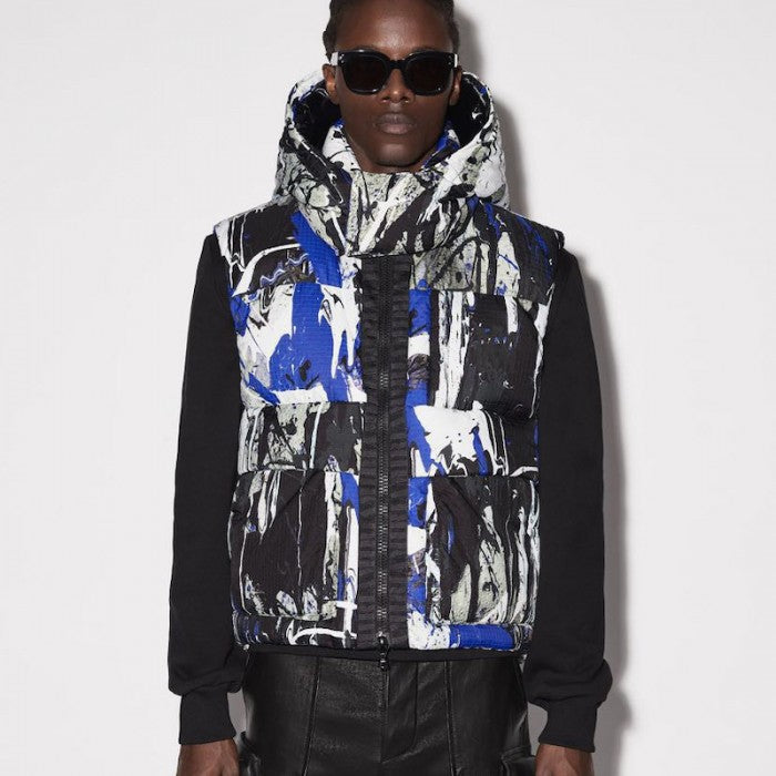 Amiri Paint Splatter Hooded Down Puffer Vest Blue