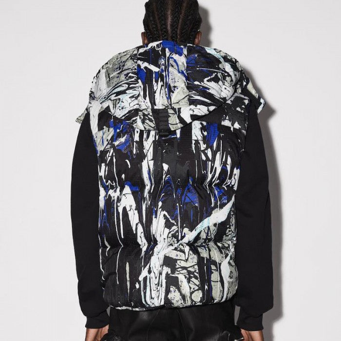 Amiri Paint Splatter Hooded Down Puffer Vest Blue