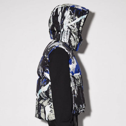 Amiri Paint Splatter Hooded Down Puffer Vest Blue