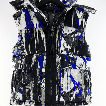 Amiri Paint Splatter Hooded Down Puffer Vest Blue