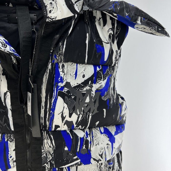 Amiri Paint Splatter Hooded Down Puffer Vest Blue