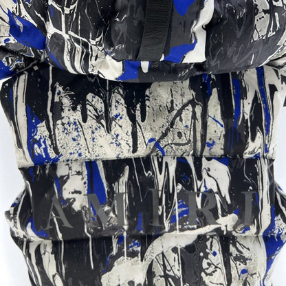 Amiri Paint Splatter Hooded Down Puffer Vest Blue