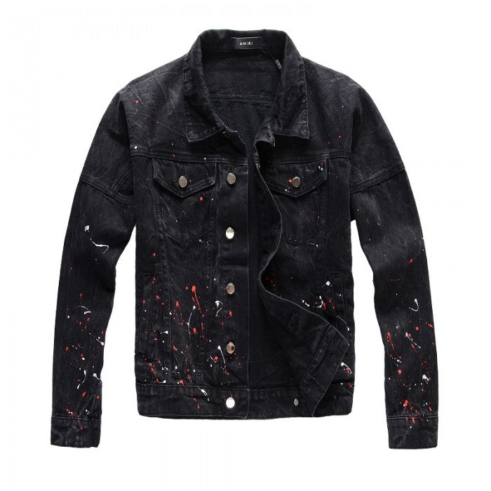 Amiri Striped Paint-splattered Denim Jacket Black