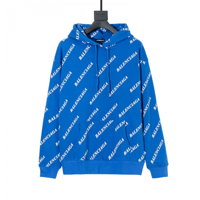 Balencaiga Allover Balenciaga logos Hoodie Blue