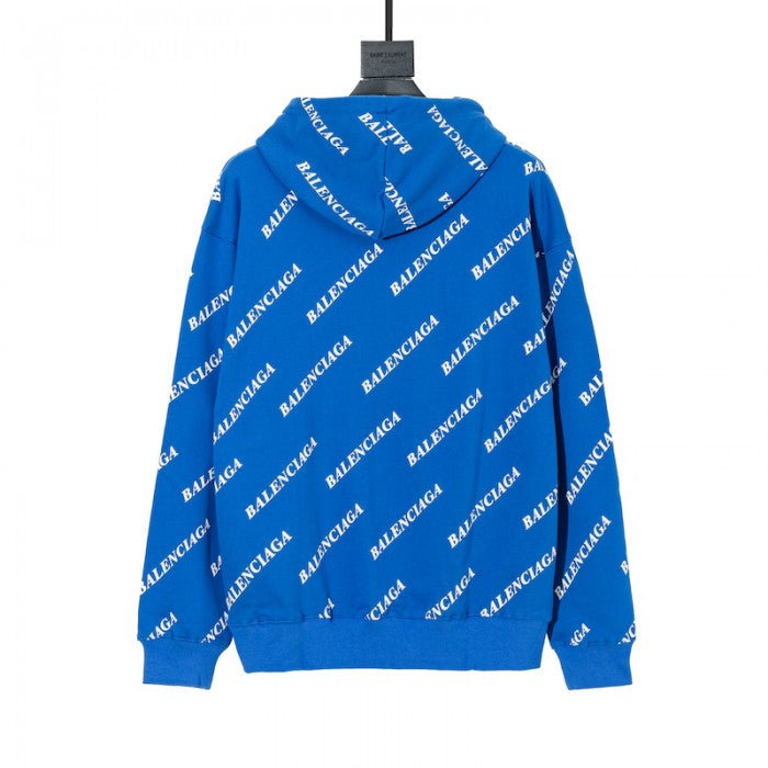 Balencaiga Allover Balenciaga logos Hoodie Blue