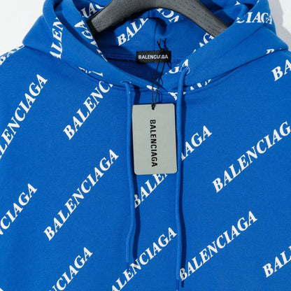 Balencaiga Allover Balenciaga logos Hoodie Blue