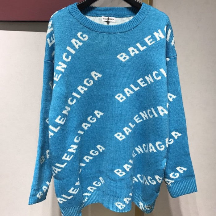 Balenciaga Allover Logo Crewneck Sweater Blue