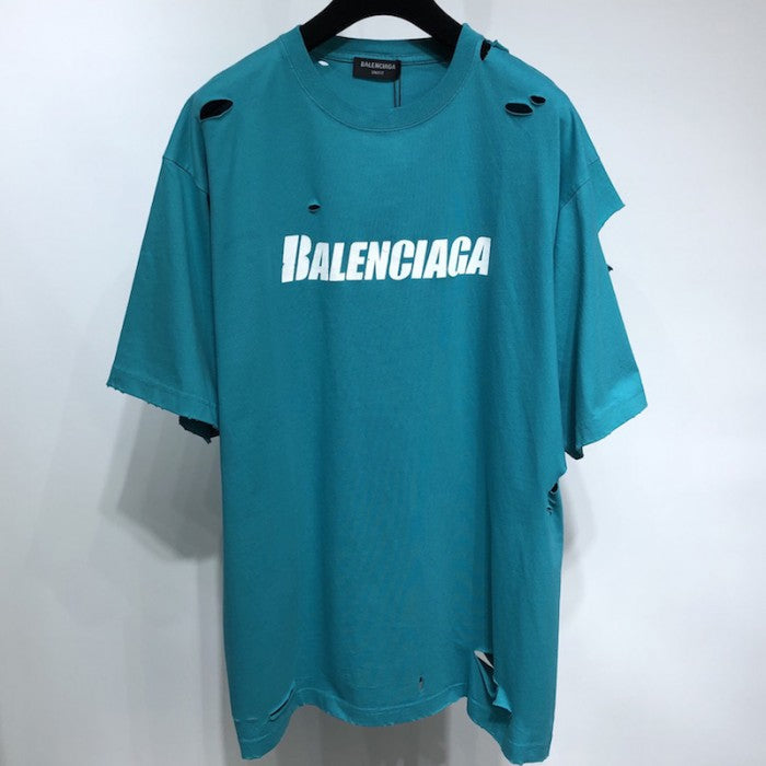 Balenciaga Caps Destroyed Flatground T-shirt Turquoise Blue