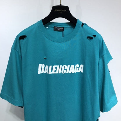 Balenciaga Caps Destroyed Flatground T-shirt Turquoise Blue