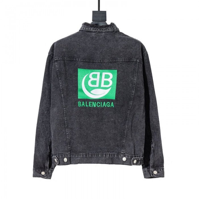 Balencaiga Green Logo Denim Jacket Black