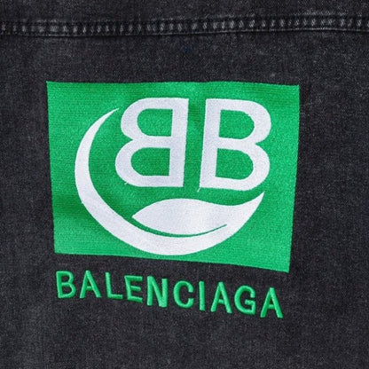 Balencaiga Green Logo Denim Jacket Black