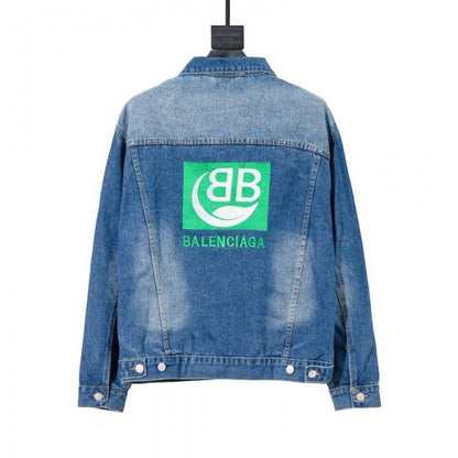 Balencaiga Green Logo Denim Jacket Blue