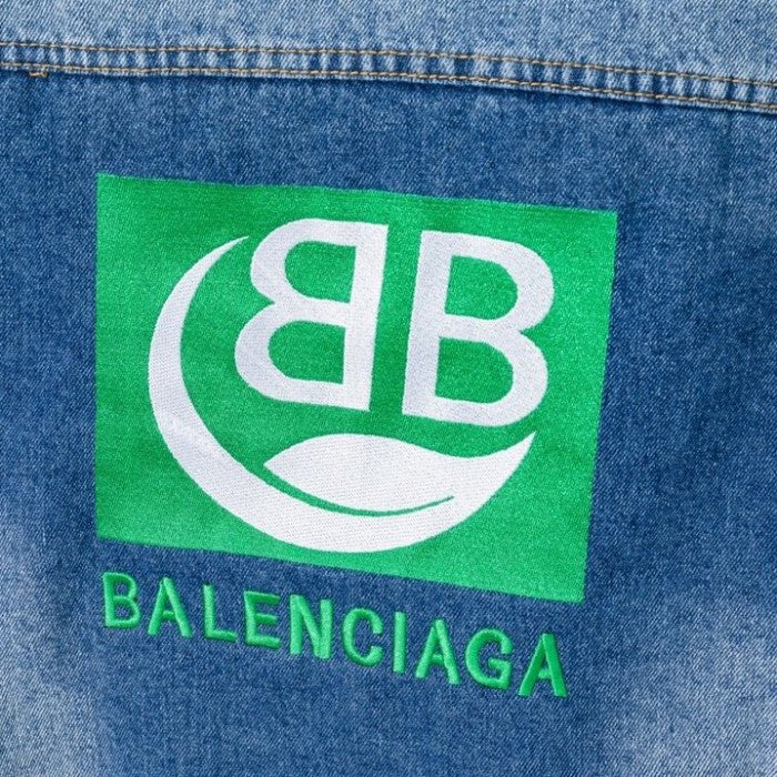 Balencaiga Green Logo Denim Jacket Blue