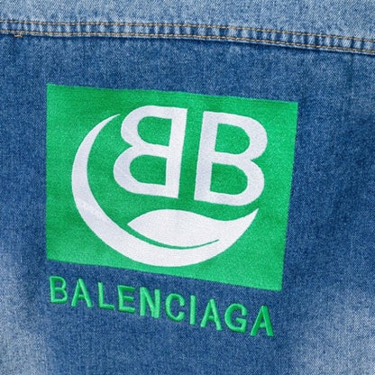 Balencaiga Green Logo Denim Jacket Blue