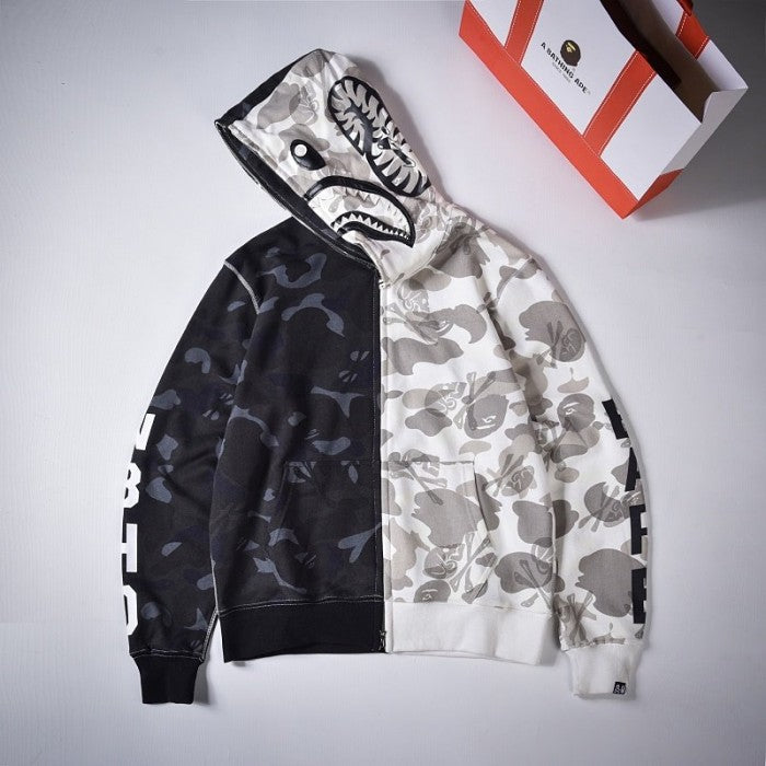 BAPE x Neighborhood Split Camo Shark Full Zip Hoodie Black/White