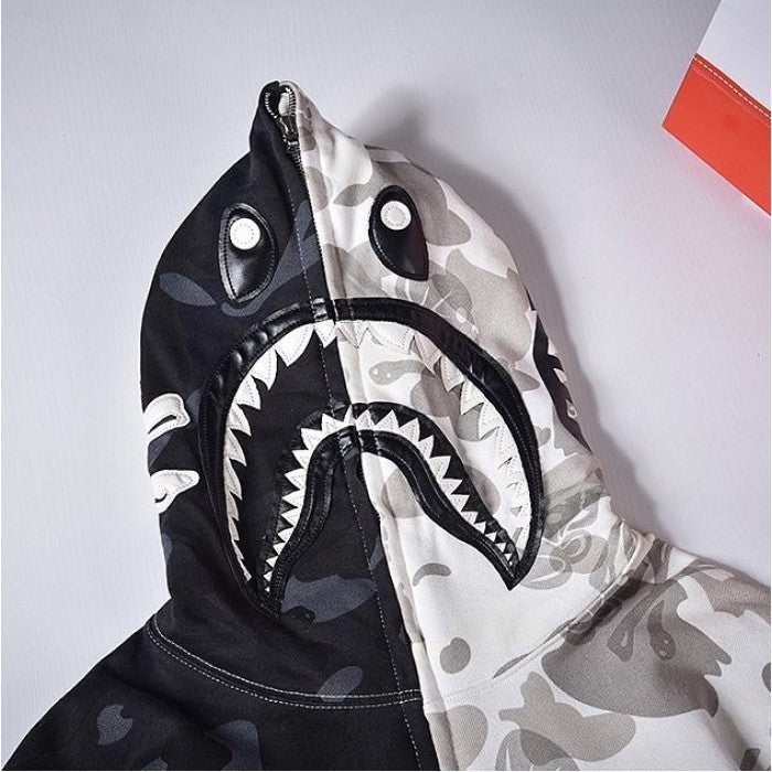 BAPE x Neighborhood Split Camo Shark Full Zip Hoodie Black/White