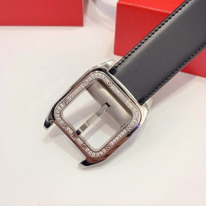 Santos de Cartier Belt Black Leather with SIlver Buckle