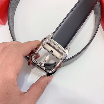 Santos de Cartier Belt Black Leather with SIlver Buckle