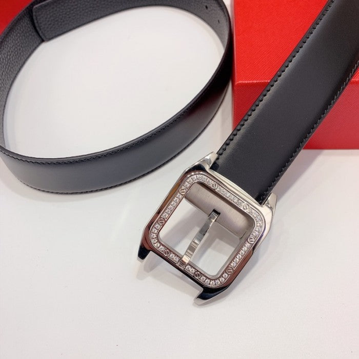 Santos de Cartier Belt Black Leather with SIlver Buckle