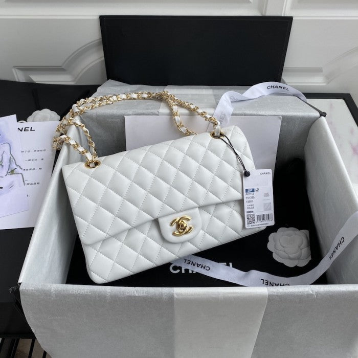 CC Lambskin Leather Classic Flap Bag White / Gold