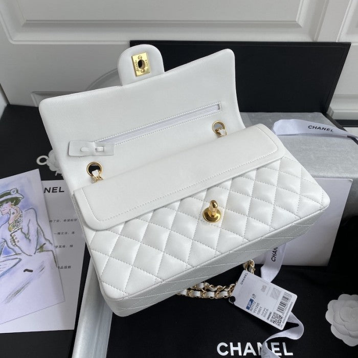 CC Lambskin Leather Classic Flap Bag White / Gold