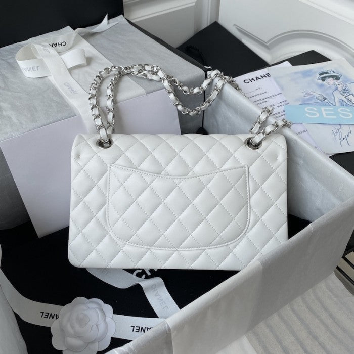 CC Lambskin Leather Classic Flap Bag White / Silver