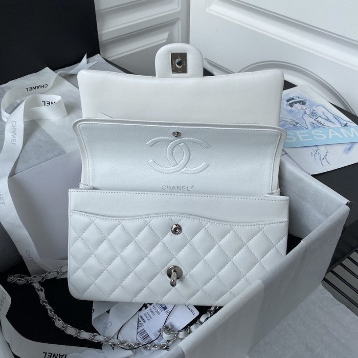 CC Lambskin Leather Classic Flap Bag White / Silver