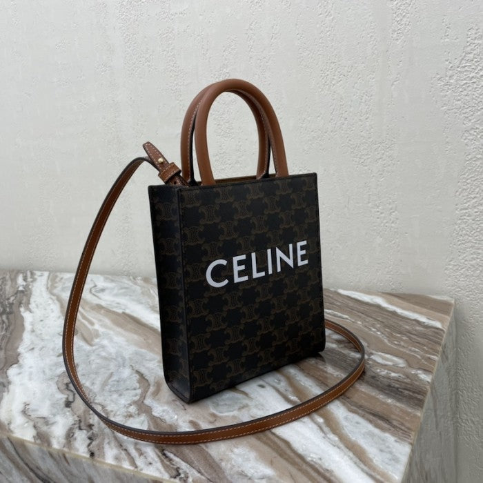 Celine Mini Vertical Cabas in Triomphe Canvas and calfskin with Celine print Tan