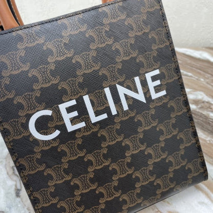 Celine Mini Vertical Cabas in Triomphe Canvas and calfskin with Celine print Tan