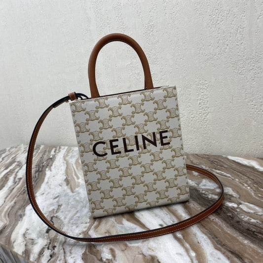 Celine Mini Vertical Cabas in Triomphe Canvas and calfskin with Celine print White