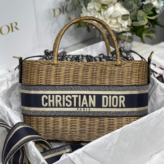 Dior Wicker Basket Bag Blue Dior Oblique Jacquard and Natural Wicker