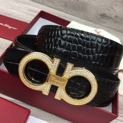 Ferragamo adjustable Gancini belt black croc skin / gold diamond buckle