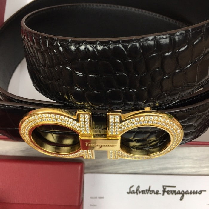 Ferragamo adjustable Gancini belt black croc skin / gold diamond buckle