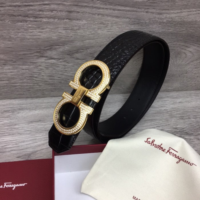 Ferragamo adjustable Gancini belt black croc skin / gold diamond buckle